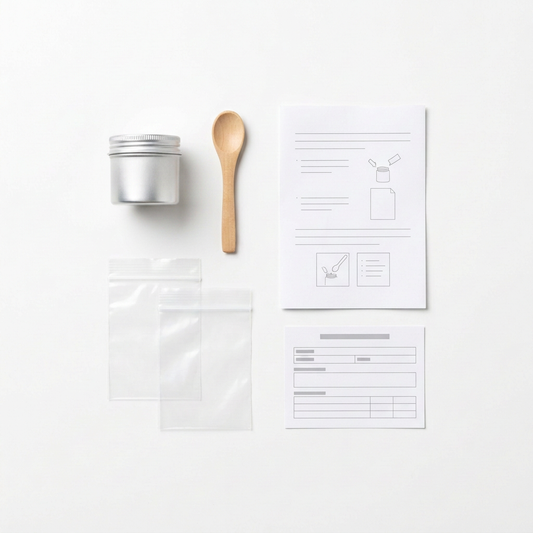 Illustrative ashes, hair and pet fur collection kit with a small aluminium pot, wooden spoon, bags, guide and form.