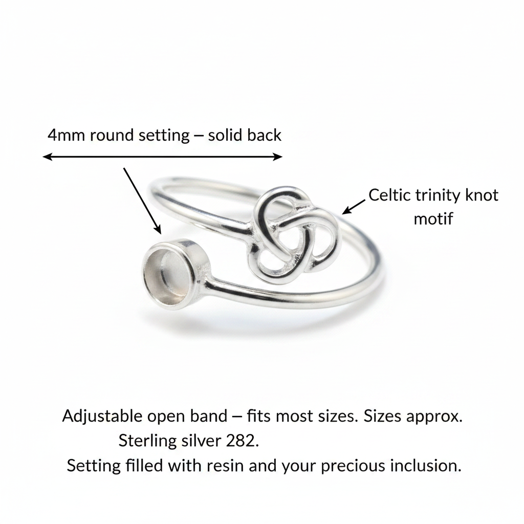 Silver 925 Celtic knot memorial ring dimensions guide — 4mm round solid back setting, Celtic trinity knot motif, adjustable open band