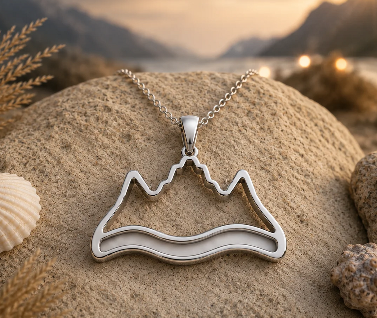 Mountain and river memorial pendant resting on sand