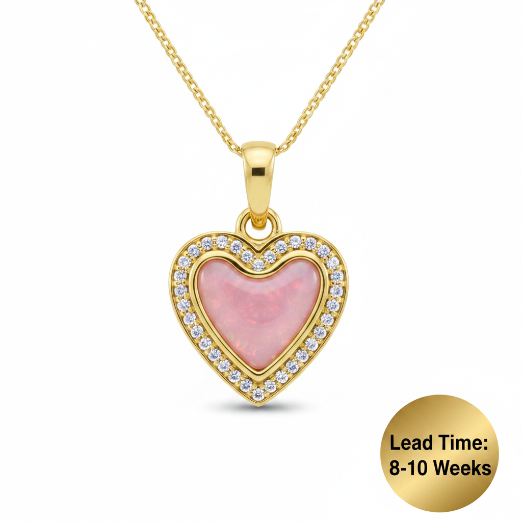 9ct yellow gold CZ crystal heart memorial pendant with soft pink rose opal resin in heart centre, white background, lead time 8-10 weeks