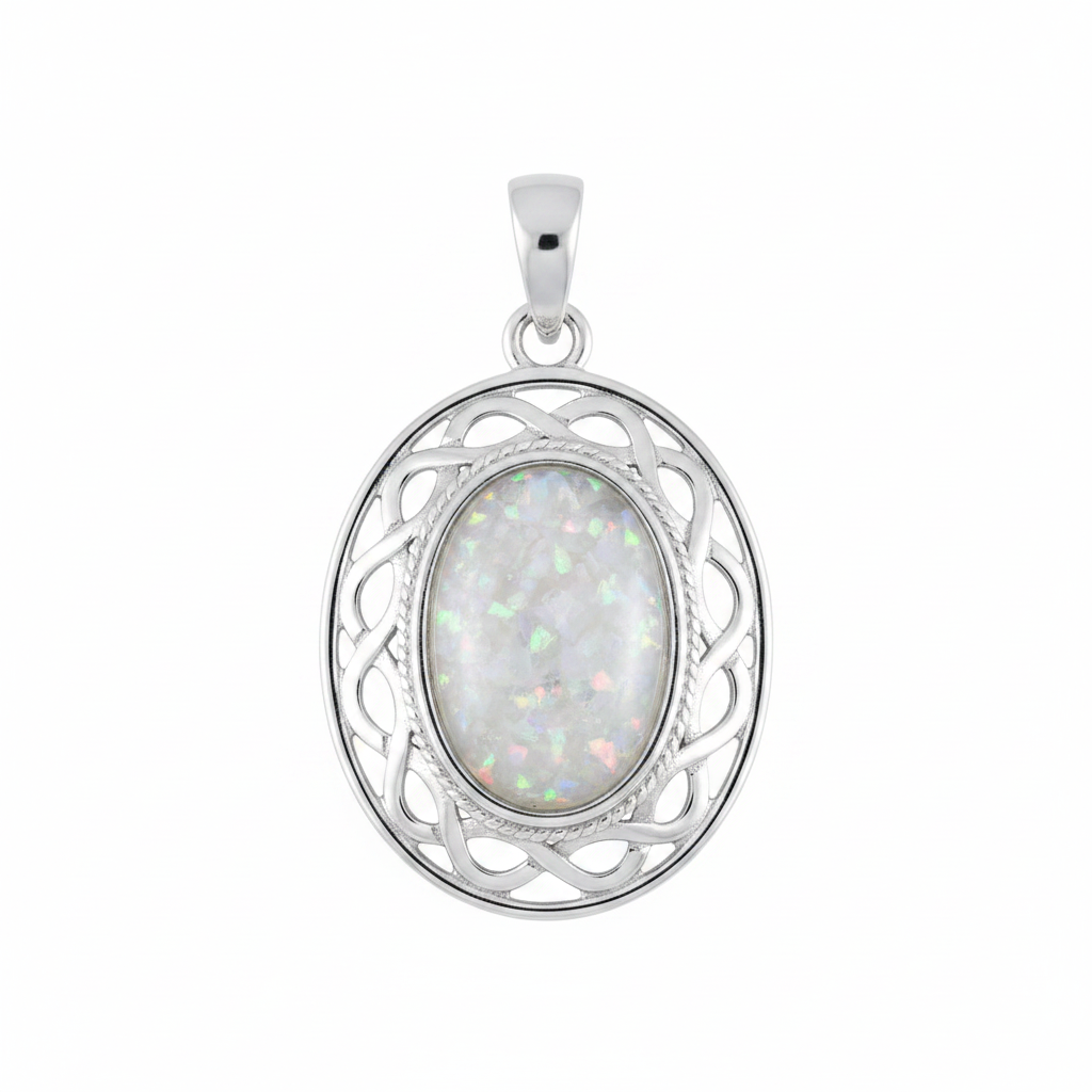 Silver 925 Celtic oval memorial pendant with white opal and mica, white background