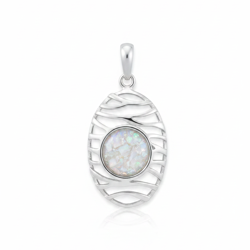 Silver 925 oval wave memorial pendant with white opal and mica, white background