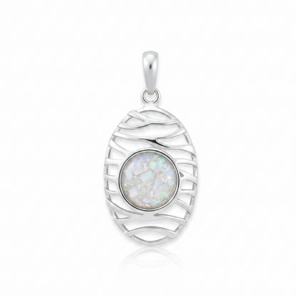 Silver 925 oval wave memorial pendant with white opal and mica, white background