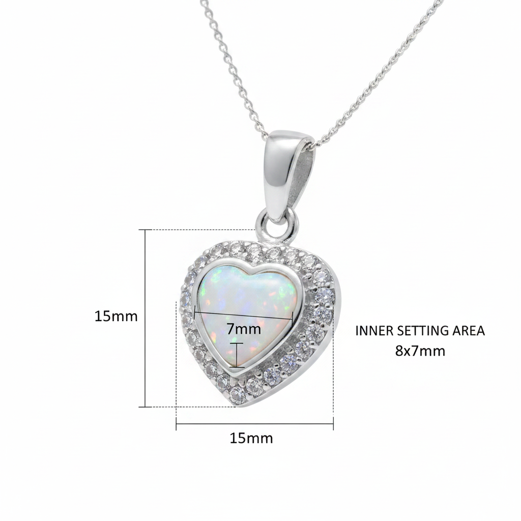 Silver 925 heart memorial pendant dimensions guide — 15x15mm overall, 8x7mm setting