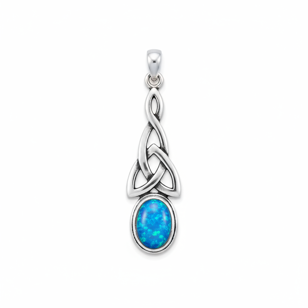 Silver 925 Celtic triquetra drop memorial pendant with blue opal flakes, white background