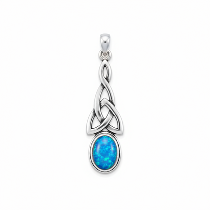 Silver 925 Celtic triquetra drop memorial pendant with blue opal flakes, white background