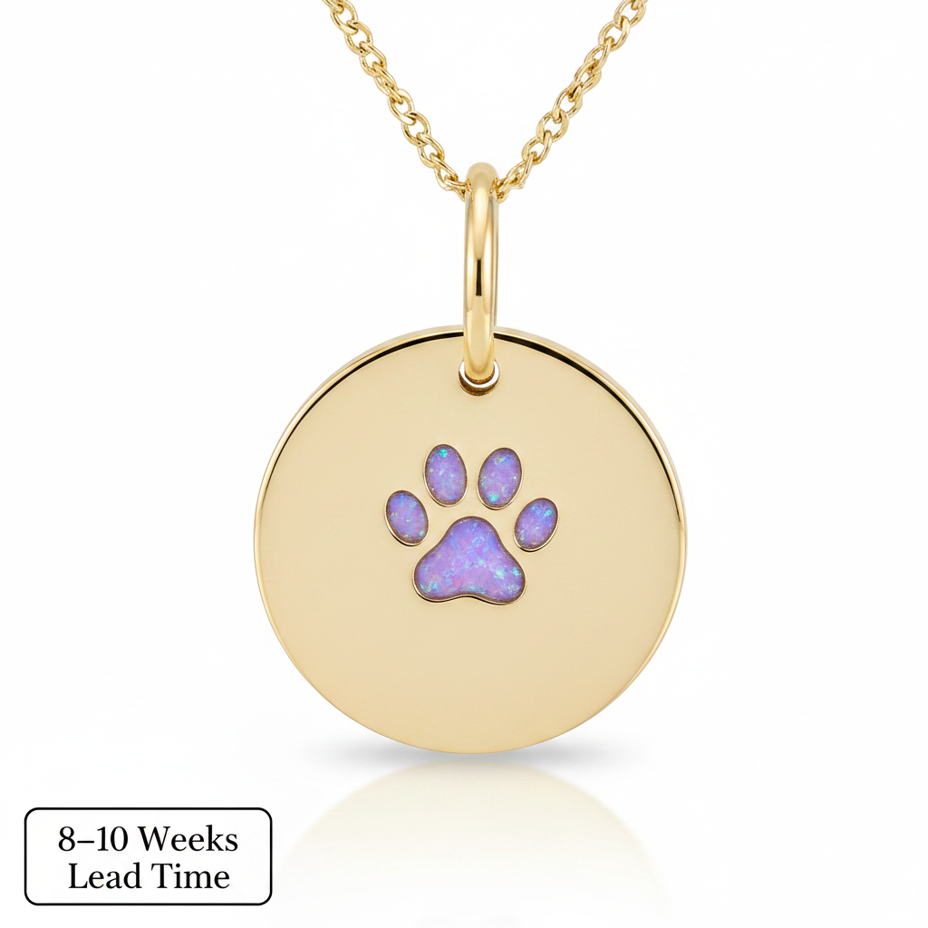 9ct Gold Round Paw Print Disc Pendant — lavender opal resin inside paw print, white background