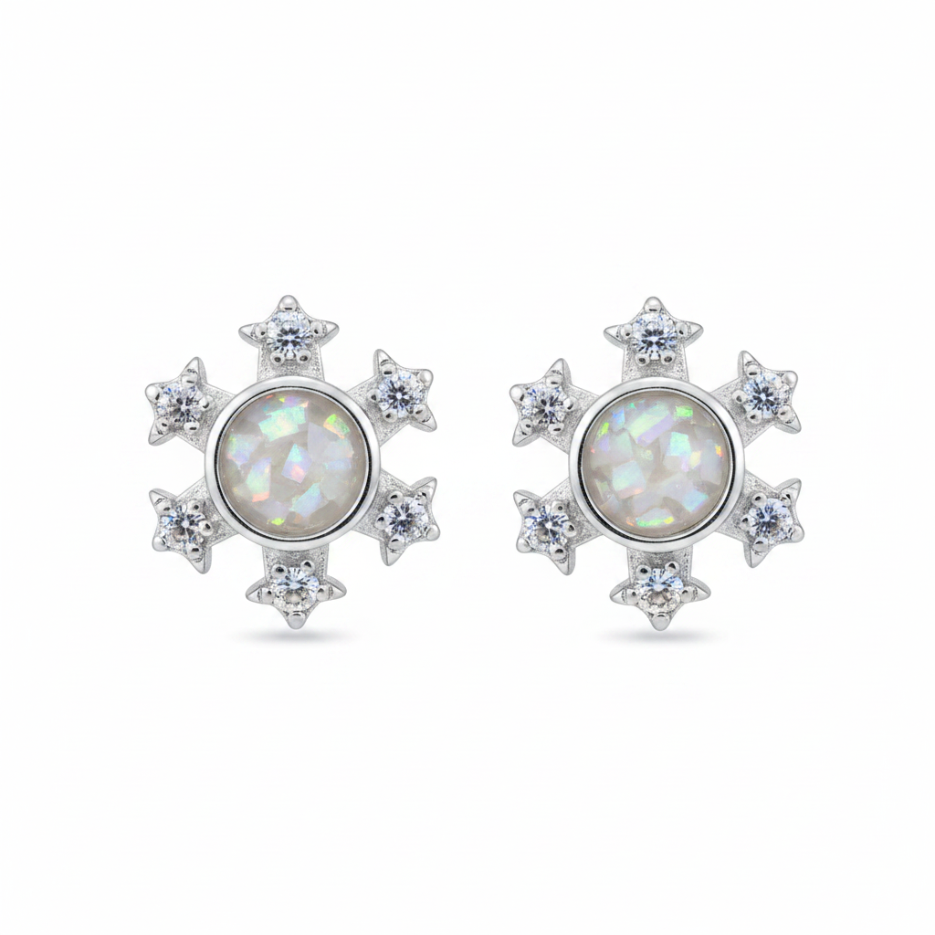 Silver 925 CZ Snowflake Stud Memorial Earrings with white pearl opal flakes