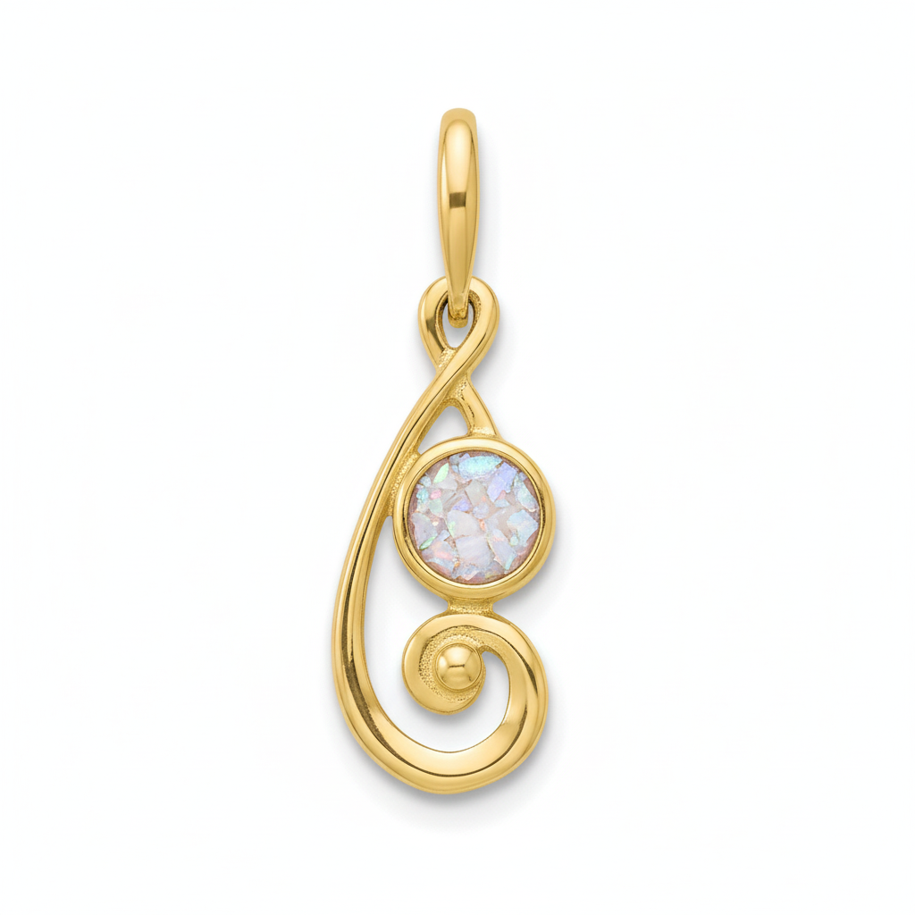 9ct gold swirling scroll memorial pendant with white pearl iridescent opal flakes – white background