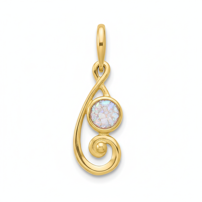 9ct gold swirling scroll memorial pendant with white pearl iridescent opal flakes – white background