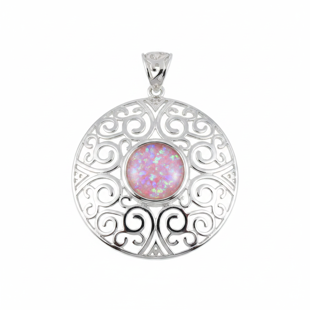 Heavy silver 925 filigree disc memorial pendant with pink opal flakes, white background