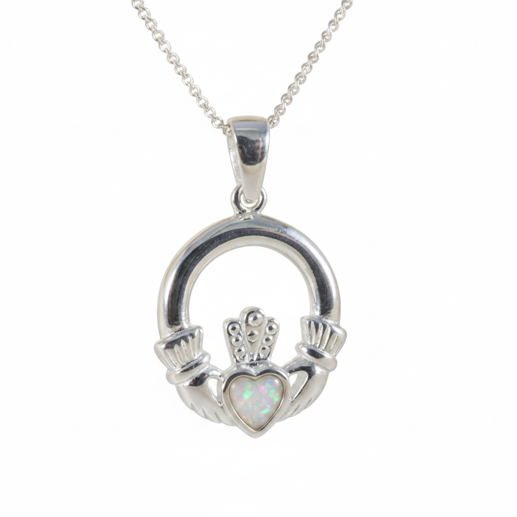 Silver 925 Claddagh memorial pendant with white pearl opal flakes inclusion