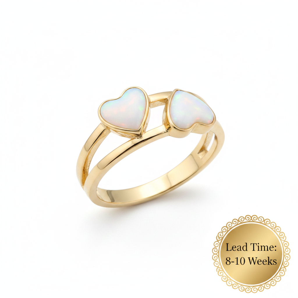 9ct gold double heart duo ring with white pearl opal resin in both heart bezels, white background, lead time 8-10 weeks sticker