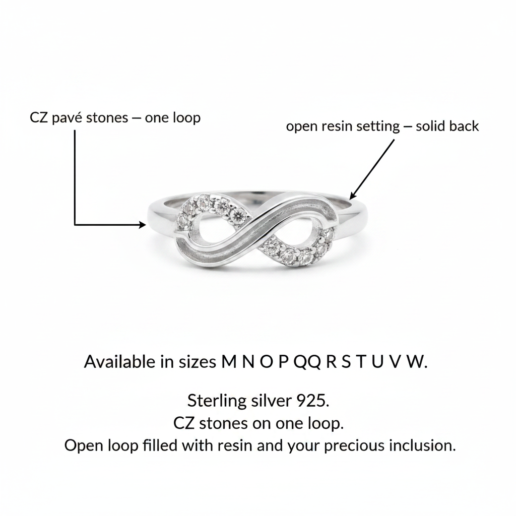 Silver 925 CZ infinity memorial ring dimensions guide — CZ pavé one loop, open resin setting other loop, sizes M to W