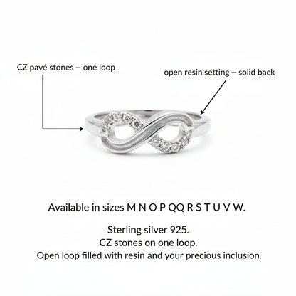 Silver 925 CZ infinity memorial ring dimensions guide — CZ pavé one loop, open resin setting other loop, sizes M to W
