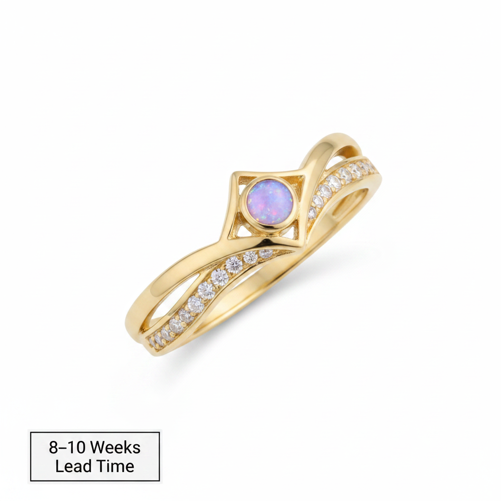 9ct Gold Inverted Wishbone CZ Ring — lavender opal resin, white background