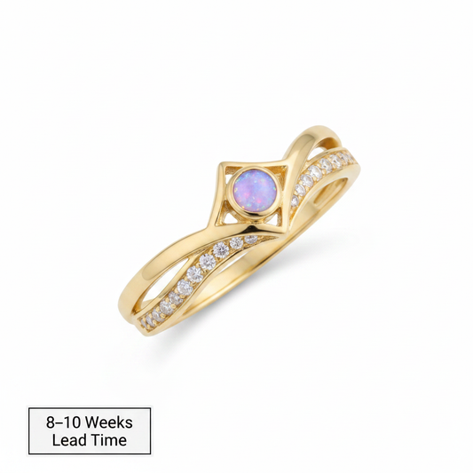 9ct Gold Inverted Wishbone CZ Ring — lavender opal resin, white background
