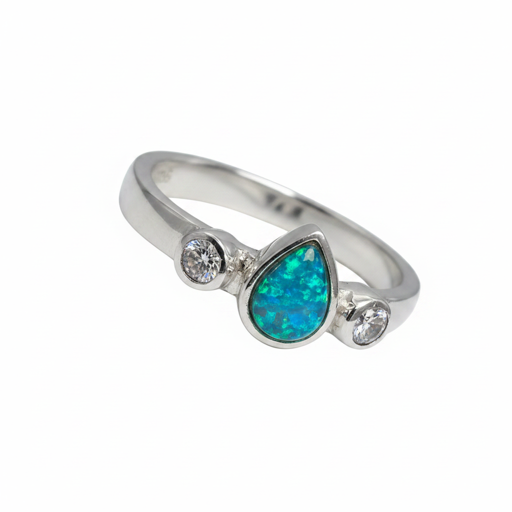 Mini pear double gem 925 silver ring with blue teal opal resin in 7x5mm pear setting on white background