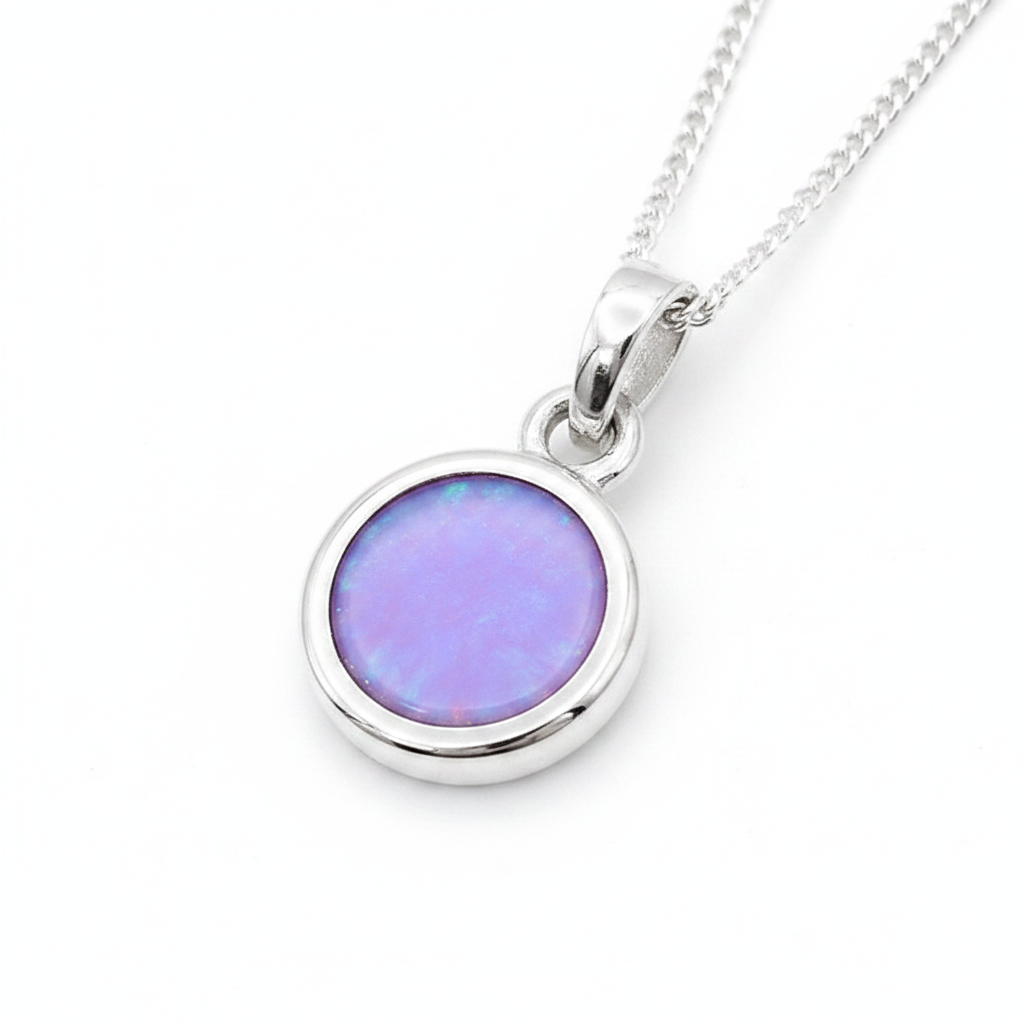 Thick Trim 12mm Round 925 Silver Memorial Pendant with lavender opal resin — white background