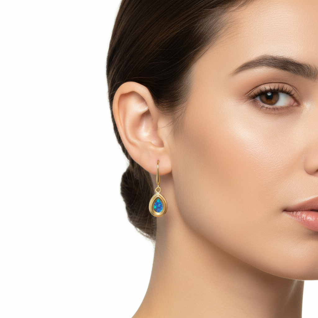 Model wearing 9ct gold pear drop earrings showing true dainty scale – 11x7mm overall drop at realistic size on ear