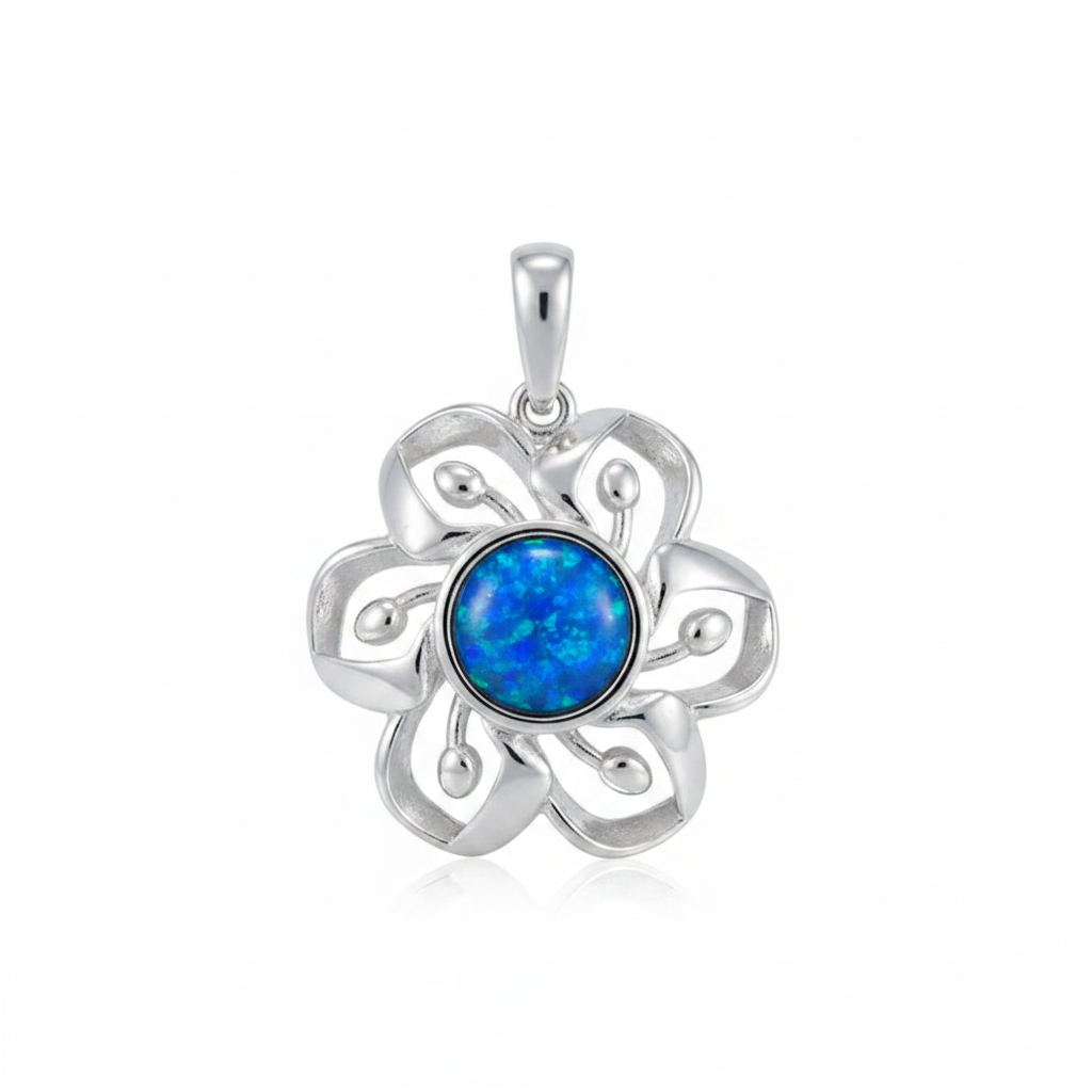 Silver 925 flower memorial pendant with blue opal flakes, white background