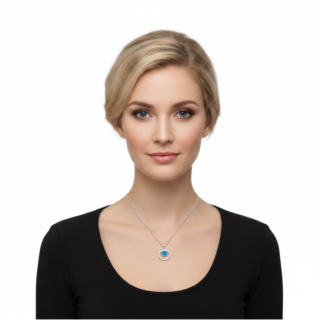 Model wearing silver 925 double circle CZ memorial pendant at true scale