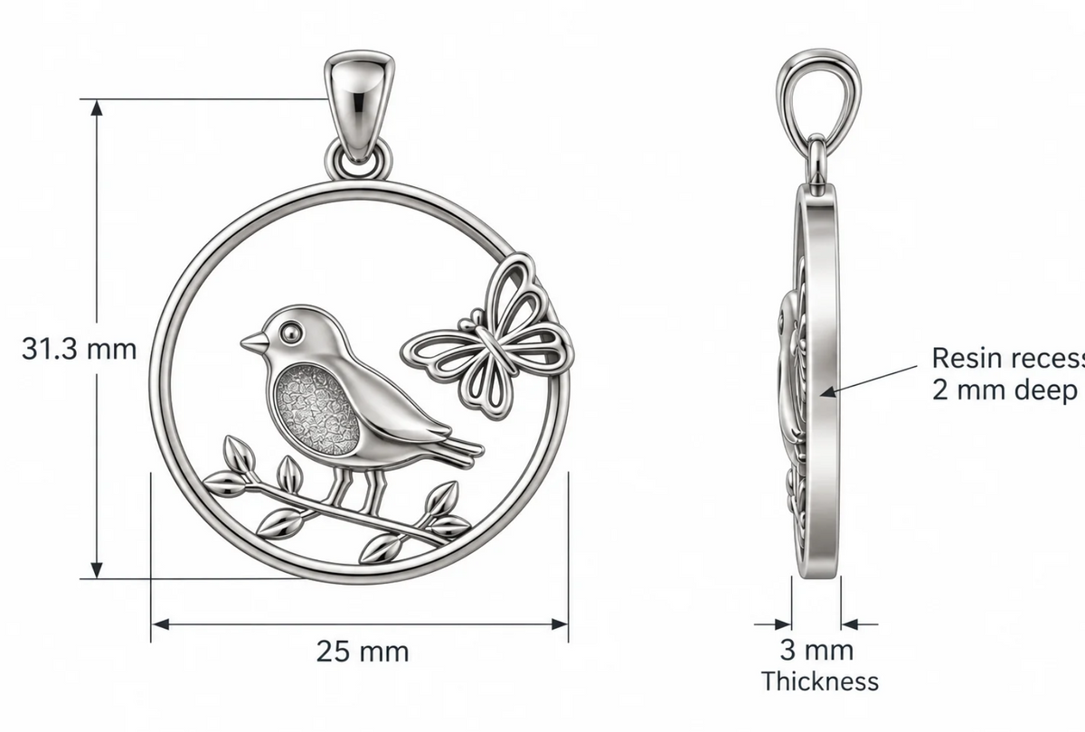 Dimensions guide: pendant 31.3 mm by 25 mm, 3 mm thick, 2 mm resin recess