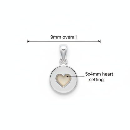 Silver 925 heart disc memorial pendant dimensions — 9mm overall, 5x4mm heart resin setting