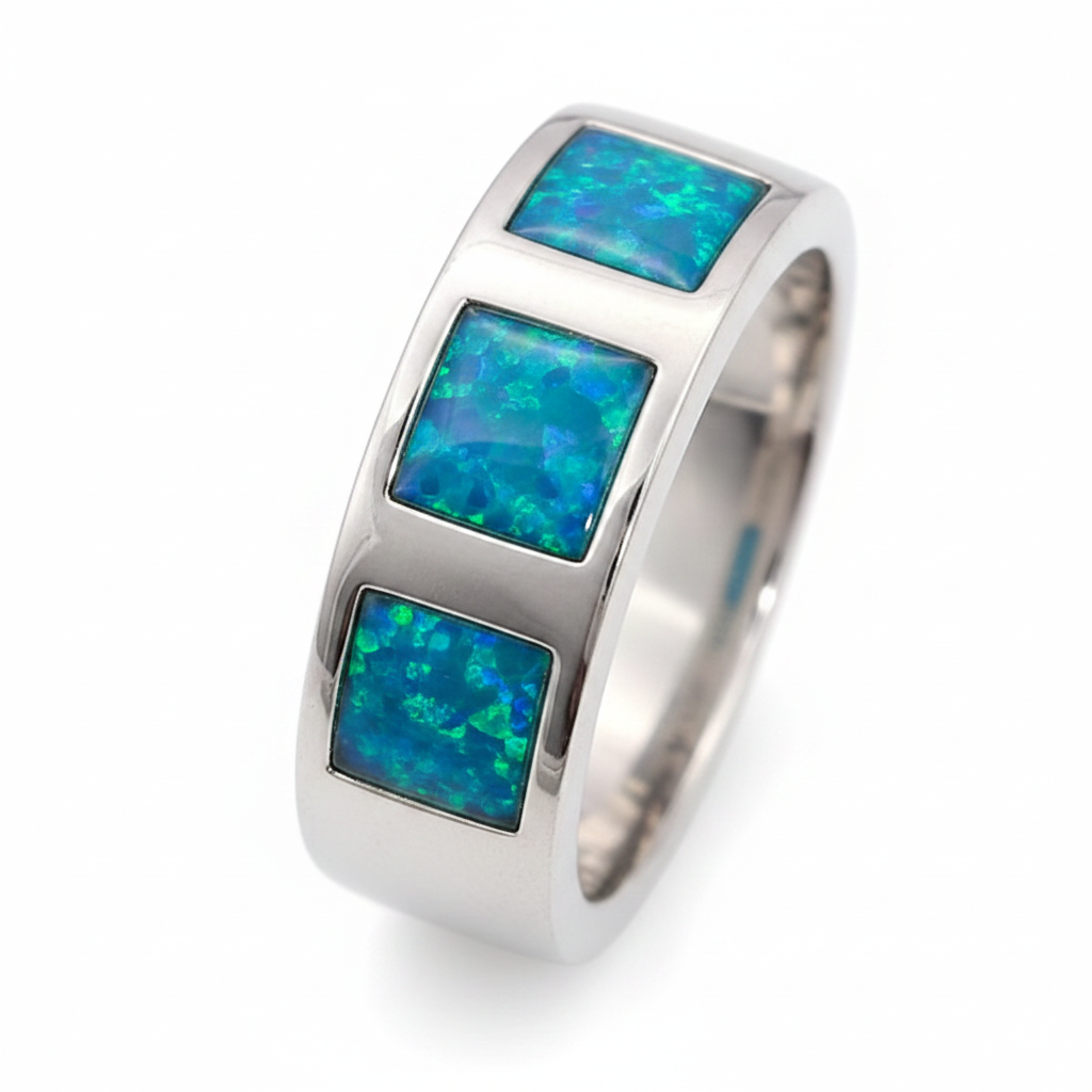 Gents Triple Square 925 Silver Band Ring with blue teal opal resin in 3 square settings — pure white background