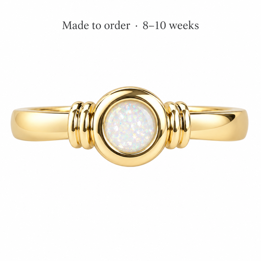 Illustrative 9ct gold Tapered Thick Trim Round memorial ring with pearl white opal resin inclusion