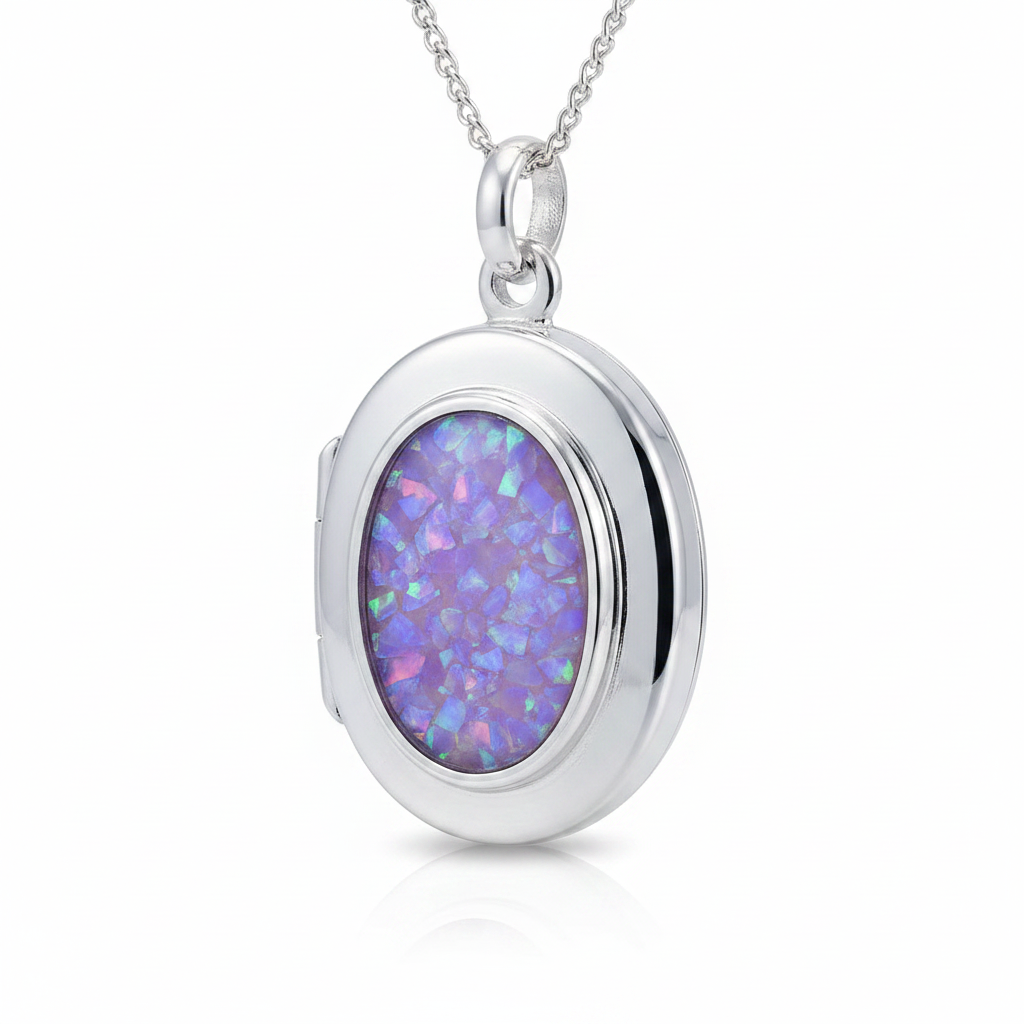 Silver 925 oval locket with lavender purple opal resin in 14x10mm setting on white background