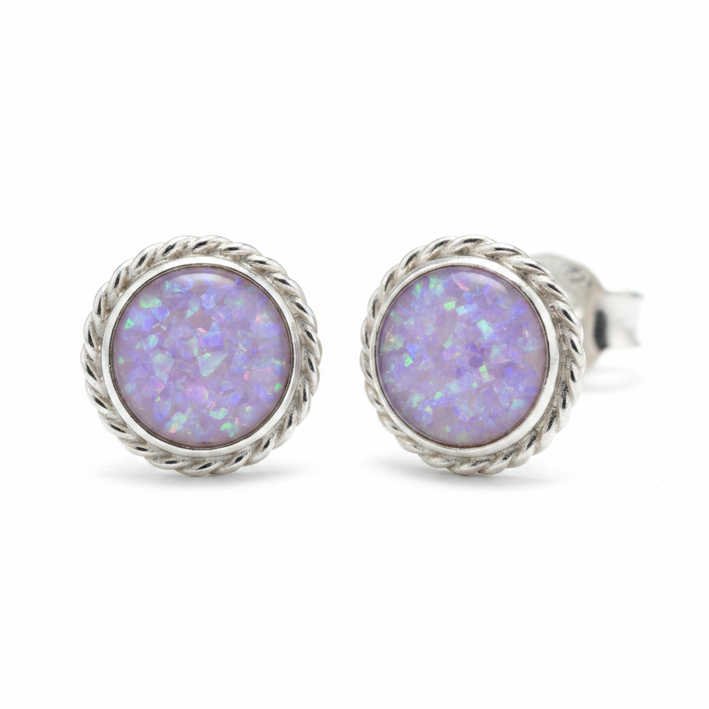 Silver 925 rope edge memorial stud earrings — lavender purple opal flakes resin in solid back setting
