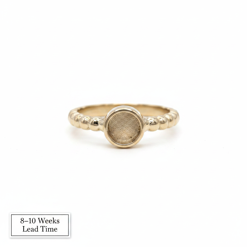 9ct Gold Round Bobble Ring — white background, 8-10 weeks lead time sticker