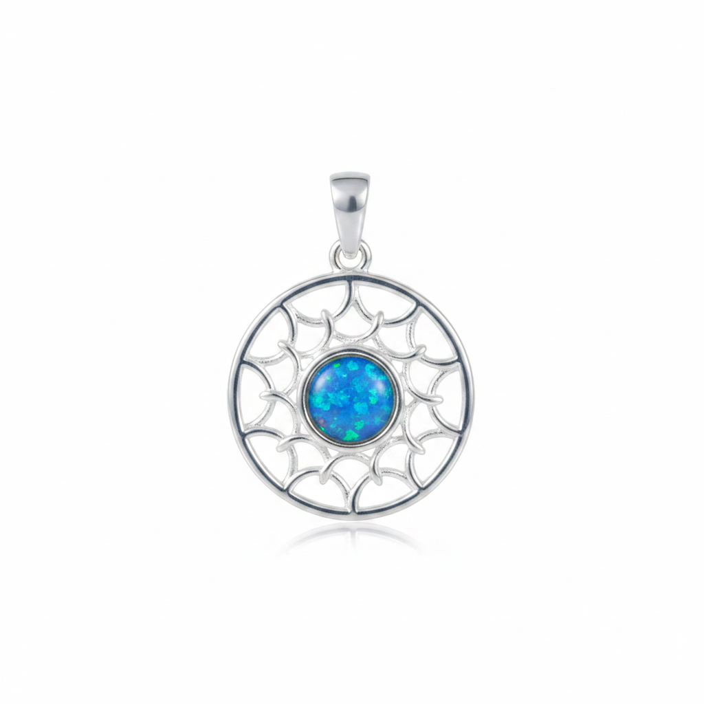 Silver 925 sun scale memorial pendant with blue opal flakes, white background