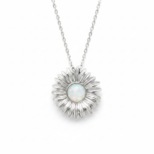 3D daisy memorial pendant necklace 316L stainless steel white pearl opal flakes
