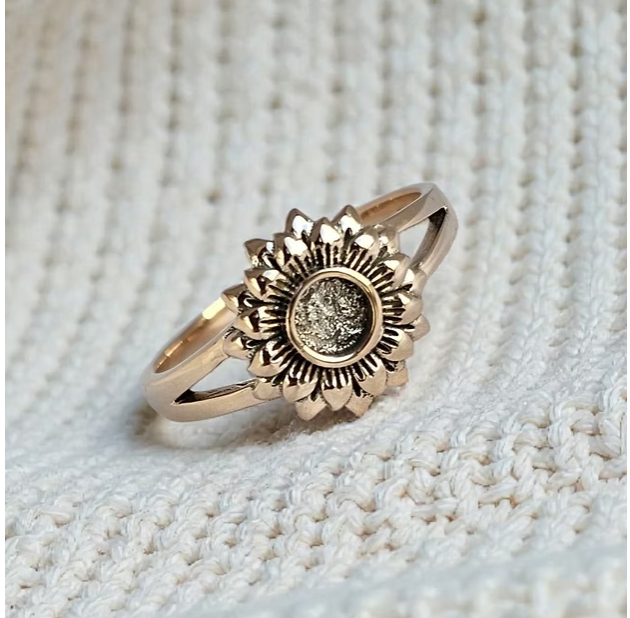 MADE TO ORDER — 9ct Gold Sunflower Split Shank Ring | Rose, Yellow or White Gold | Ashes, Hair & Fur Memorial Keepsake