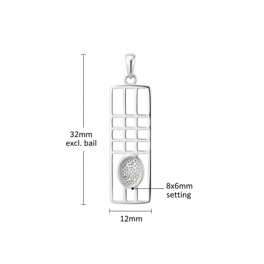 Silver 925 Mackintosh grid memorial pendant dimensions — 32x12mm excl. bail, 8x6mm oval centre