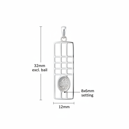 Silver 925 Mackintosh grid memorial pendant dimensions — 32x12mm excl. bail, 8x6mm oval centre