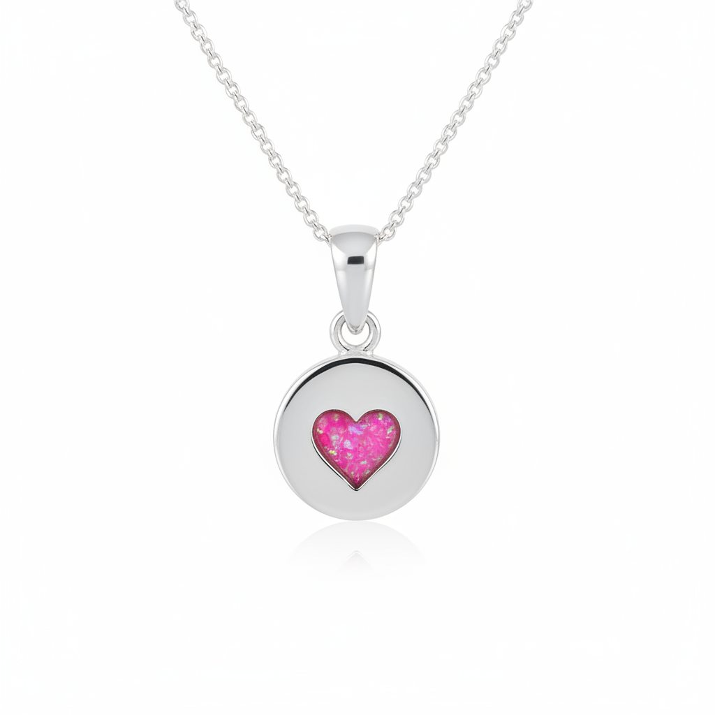 Silver 925 heart disc memorial pendant with pink opal resin on chain, white background