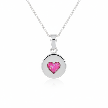 Silver 925 heart disc memorial pendant with pink opal resin on chain, white background