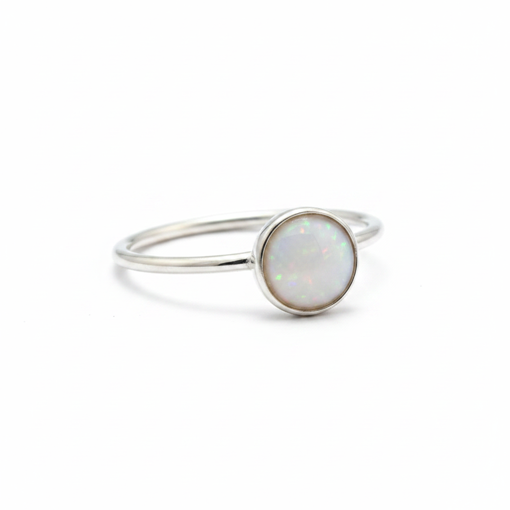 Silver 925 delicate stacker memorial ring — white pearl opal flakes resin in 6mm round setting, ultra-fine wire band