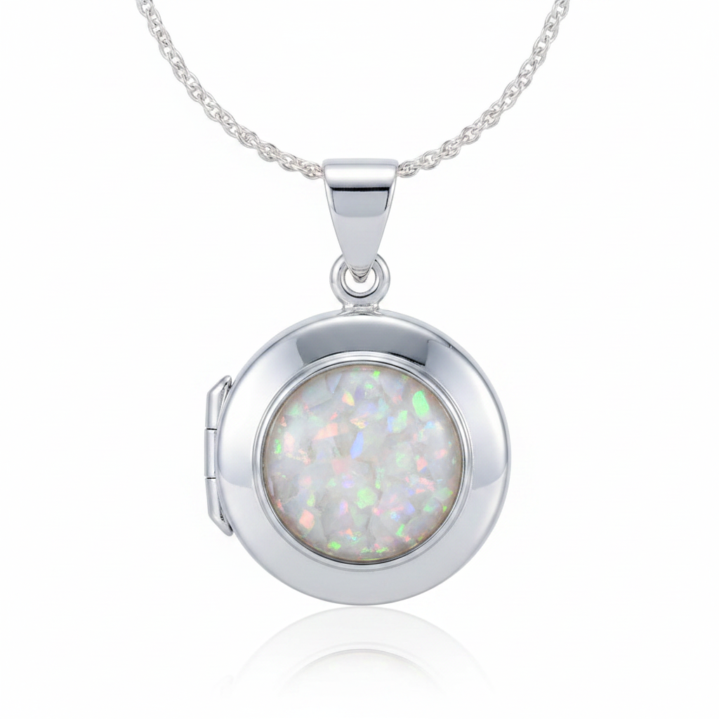Silver 925 round hinged locket with white pearl opal resin in 9mm setting on white background