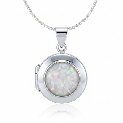 Silver 925 round hinged locket with white pearl opal resin in 9mm setting on white background