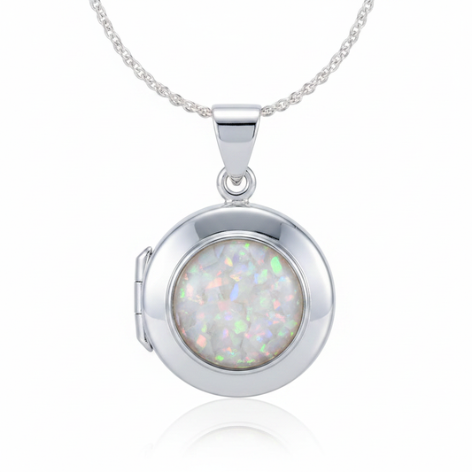 Silver 925 round hinged locket with white pearl opal resin in 9mm setting on white background