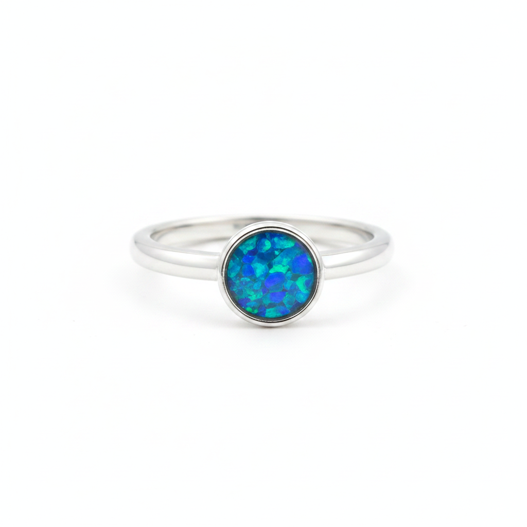 925 sterling silver plain round memorial ring with blue teal opal flakes in 7.5mm bezel