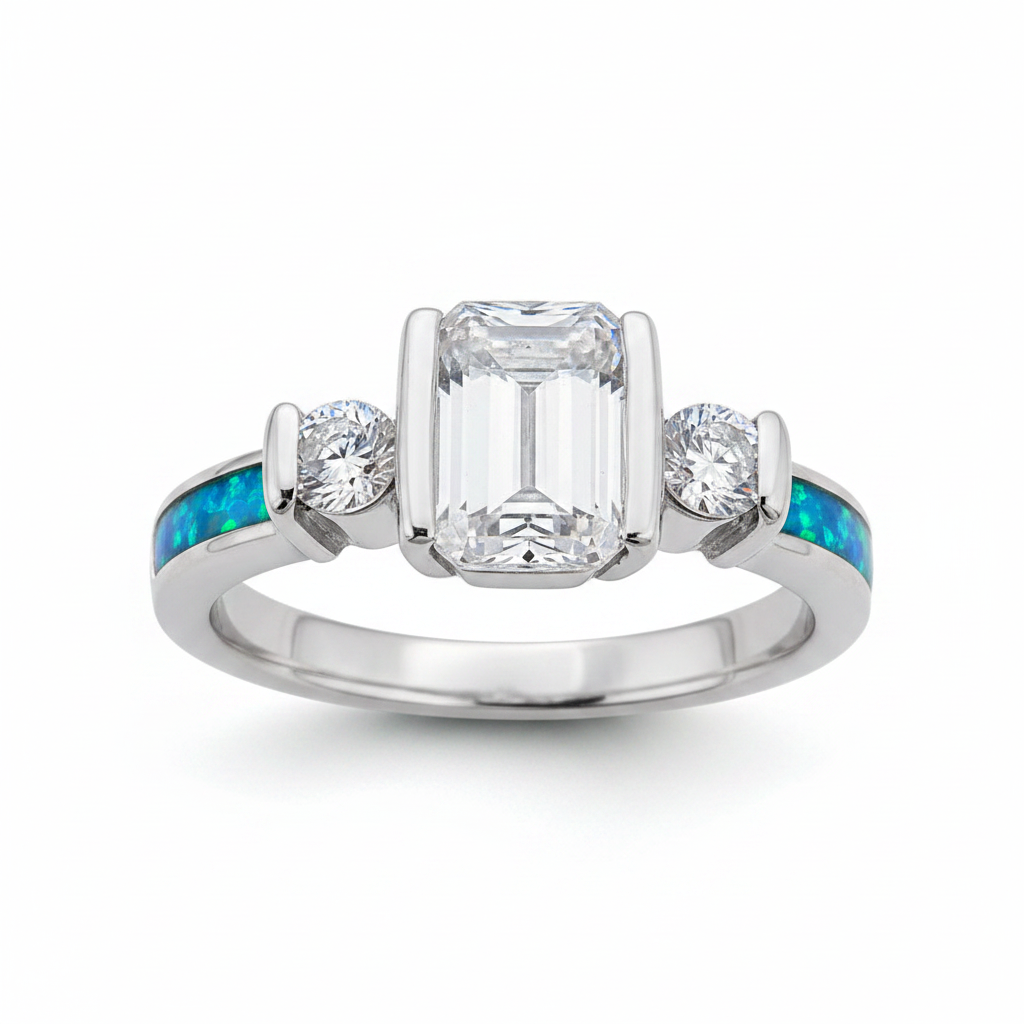 Emerald cut triple CZ bezel 925 silver ring with blue teal opal resin in side shank channels on white background