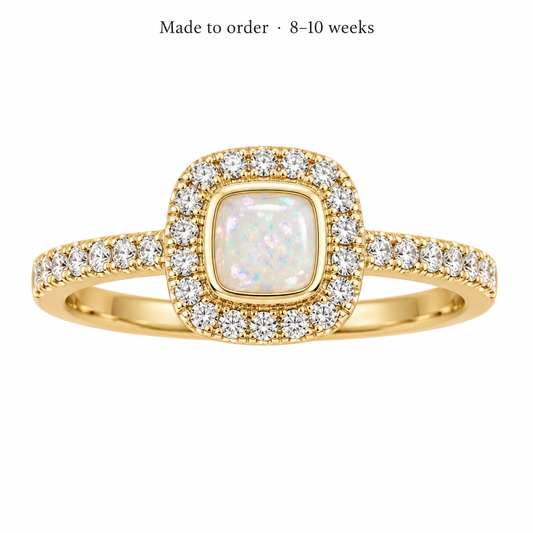 Illustrative 9ct gold CZ Petite Square Cushion memorial ring with pearl white opal resin inclusion