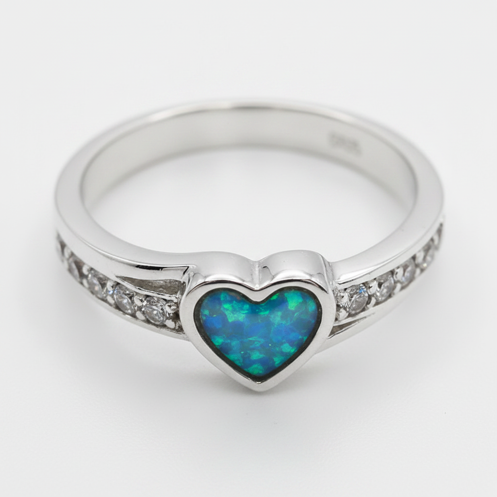 Heart accent CZ 925 silver ring with blue teal opal resin angled view on white background