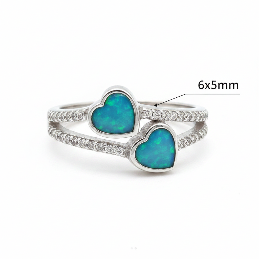 Silver 925 crystal double heart ring dimensions guide showing 6x5mm heart resin settings