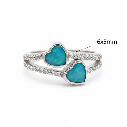 Silver 925 crystal double heart ring dimensions guide showing 6x5mm heart resin settings